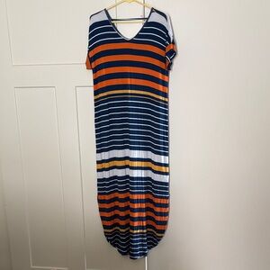 Lula-Roe V-Neck Maxi Dress in Navy, Orange & White